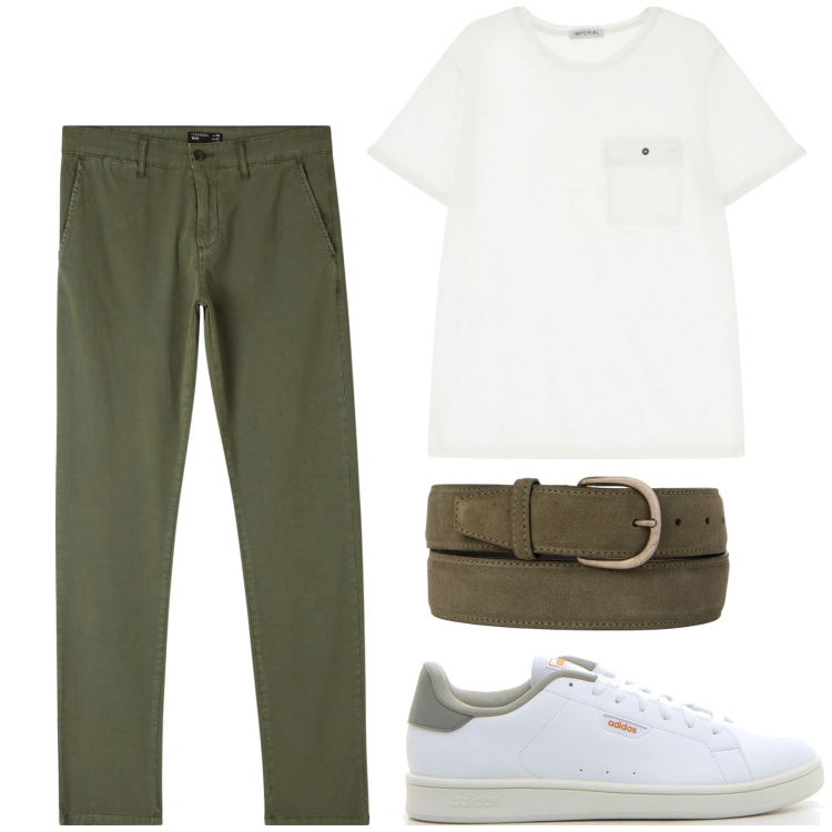 Outfit uomo - T-shirt sottile. Stile Urban per Tutti i giorni. Abbinamento con pantaloni chino, t-shirt, cinture, sneakers.