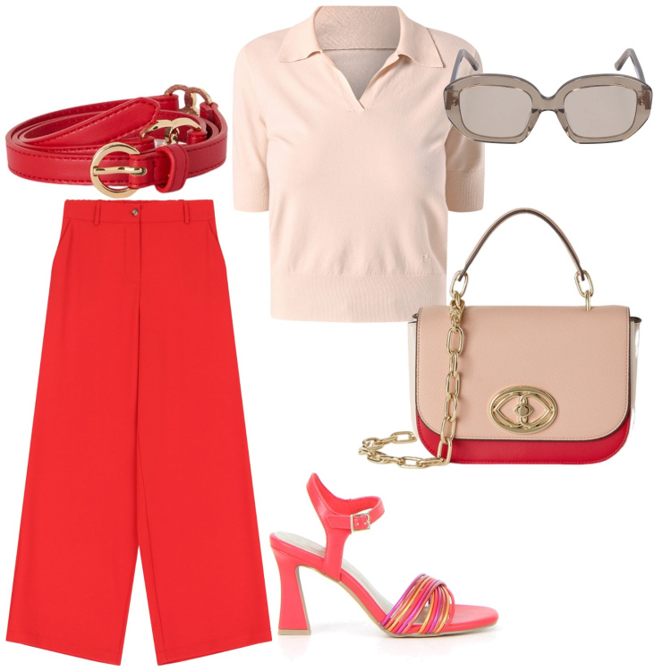 Outfit donna - Outfit per il giorno. per Scuola/Università. Abbinamento con polo, pantaloni a palazzo, sandali col tacco, cinture, occhiali da sole, borse a tracolla.