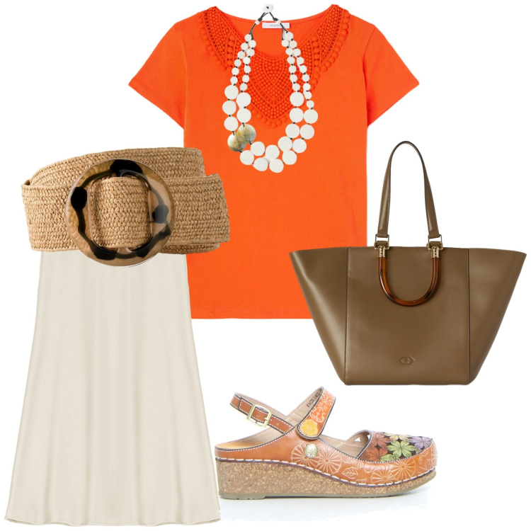 Outfit donna - Estate. per Tutti i giorni. Abbinamento con cinture, gonne longuette, sandali, t-shirt, ciondoli, shopping bag.
