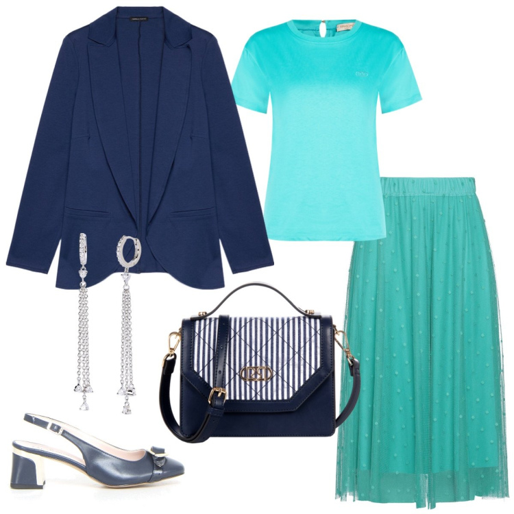 Outfit donna - Verde acqua. Stile Chic per Tutti i giorni. Abbinamento con gonne longuette, borse a mano, t-shirt, orecchini, décolleté, blazer.
