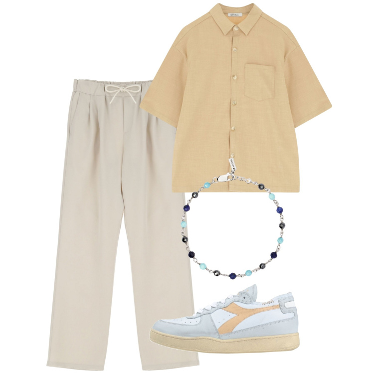 Outfit uomo - Maggio. Stile Casual per Tutti i giorni. Abbinamento con sneakers, braccialetti, camicie a manica corta, pantaloni.