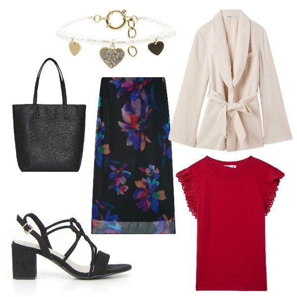 Outfit donna - Total look #2166882. Stile Chic per Ufficio. Abbinamento con gonne lunghe, blazer, borse tote, t-shirt, braccialetti, sandali col tacco.