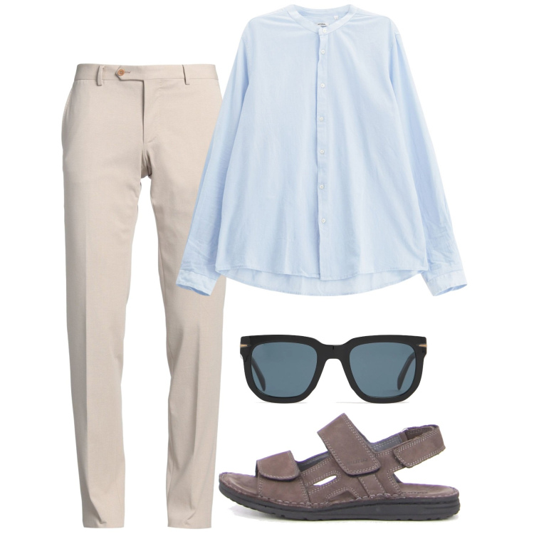 Outfit uomo - Fresco in primavera. Stile Casual per Tutti i giorni. Abbinamento con pantaloni, camicie, occhiali da sole, sandali.
