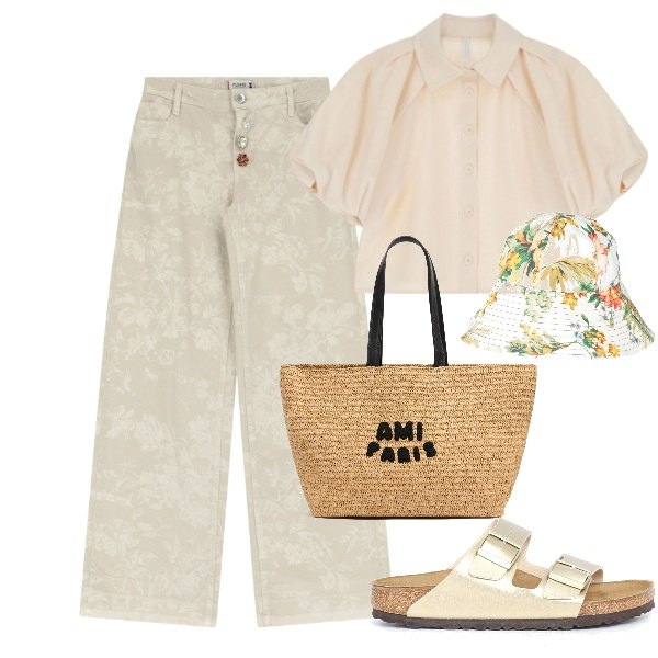 Outfit donna - Bottoni gioiello. Stile Trendy per Mare. Abbinamento con cappelli, pantaloni, camicie a manica corta, ciabatte, borse tote.