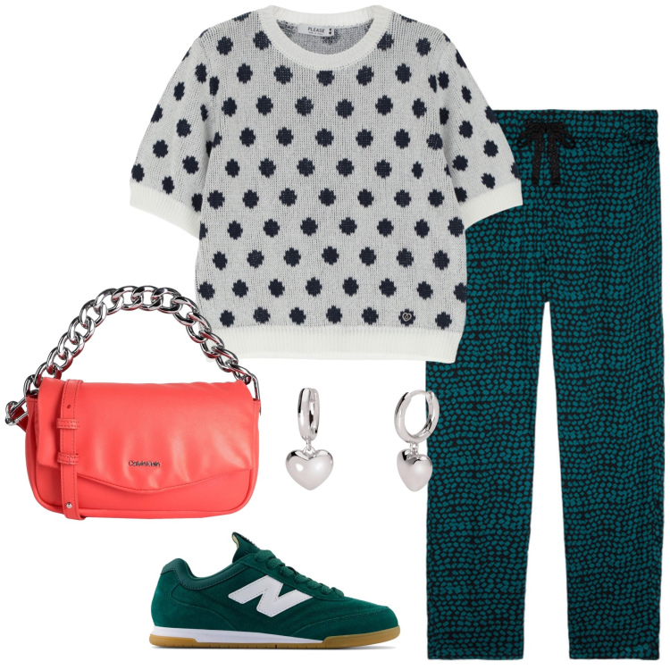 Outfit donna - Total look #2166892. Stile Casual per Tutti i giorni. Abbinamento con borse a mano, orecchini, sneakers, maglieria, pantaloni.