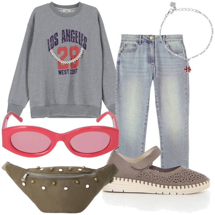Outfit donna - Passeggiata a Los Angeles. Stile Casual chic per Tutti i giorni. Abbinamento con braccialetti con ciondoli, marsupi, felpe, occhiali da sole, jeans, ballerine.