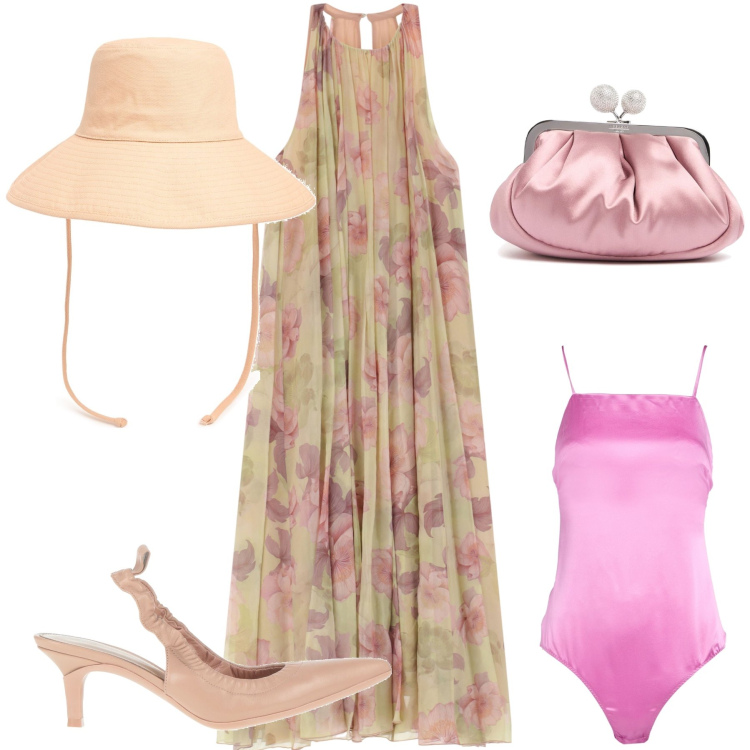 Outfit donna - Cerimonia sotto il sole a fianco al mare. Stile Glamour per Cerimonia. Abbinamento con décolleté, body, vestiti lunghi, cappelli, pochette.