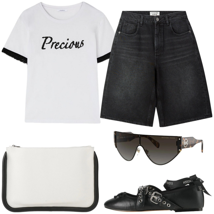 Outfit donna - Sportiva con stile. Stile Casual per Tutti i giorni. Abbinamento con ballerine, occhiali da sole, borse a mano, bermuda, t-shirt.