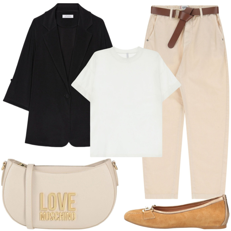 Outfit donna - Contrasti di colore. Stile Casual chic per Tutti i giorni. Abbinamento con borse a tracolla, ballerine, pantaloni chino, t-shirt, blazer.