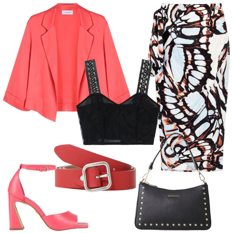 Outfit donna - Total look #2166929. Stile Bon Ton per Serata fuori. Abbinamento con sandali in pelle, borse a spalla, cinture, top, gonne longuette, blazer.