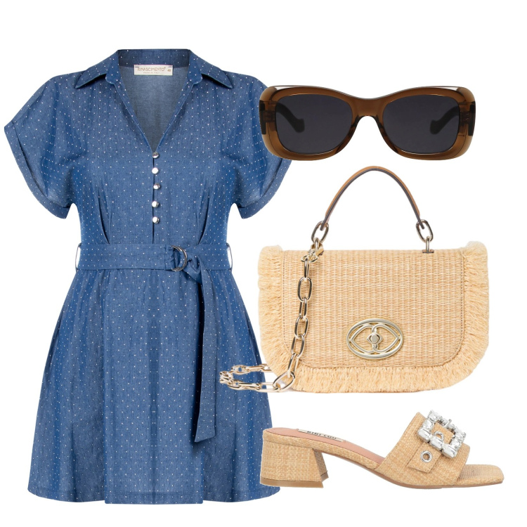 Outfit donna - Denim con strass. Stile Bon Ton per Tutti i giorni. Abbinamento con sandali in pelle, occhiali da sole, vestiti, borse a tracolla.