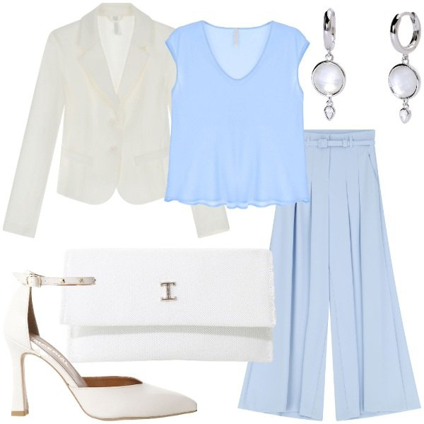Outfit donna - Primavera color cielo. Stile Glamour per Tutti i giorni. Abbinamento con orecchini, pantaloni, top, décolleté, borse a tracolla, blazer.