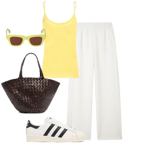 Outfit donna - Canotta + pantaloni bianchi + sneakers. Stile Casual chic per Mare. Abbinamento con top, pantaloni, sneakers, shopping bag, occhiali da sole.