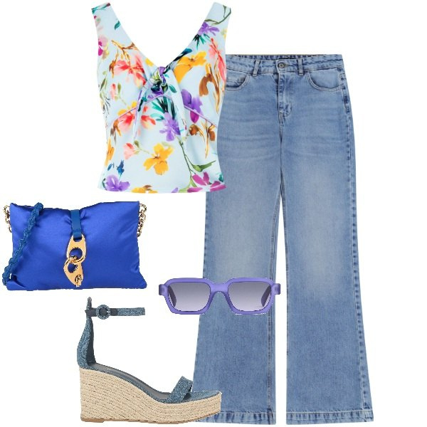 Outfit donna - Estate al mare. Stile Urban per Mare. Abbinamento con borse a tracolla, espadrillas, top, jeans, occhiali da sole.