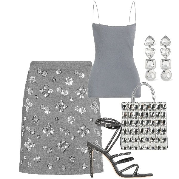 Outfit donna - Saper osare. Stile Sexy per Serata fuori. Abbinamento con top, borse a mano, sandali in pelle, minigonne, orecchini.