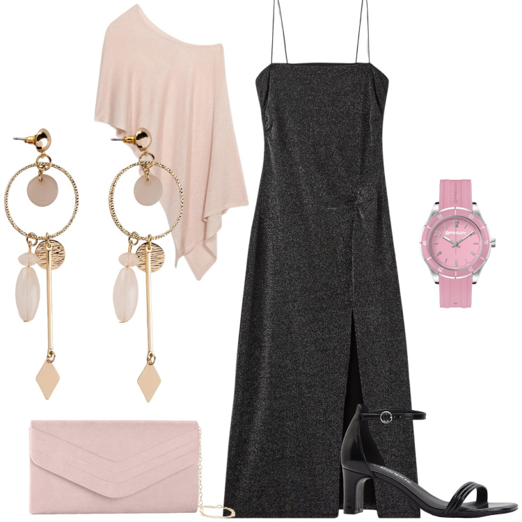 Outfit donna - Principessa sino a mezzanotte. Stile Glamour per Serata fuori. Abbinamento con orecchini, pochette, sandali col tacco, vestiti lunghi, orologi, bolero.