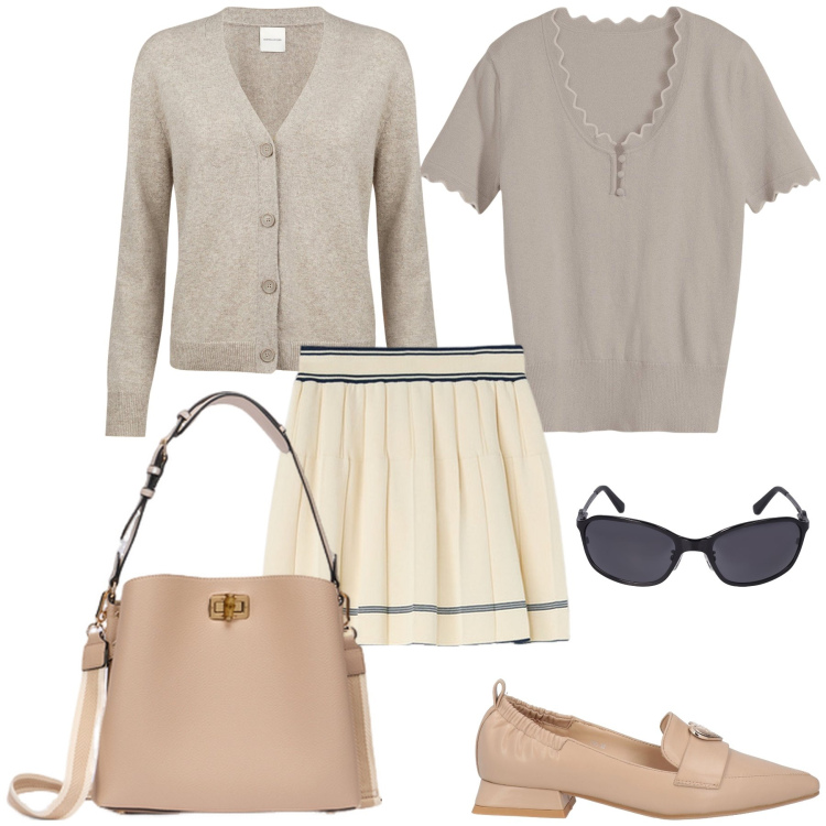 Outfit donna - Total look. Stile Bon Ton per Tutti i giorni. Abbinamento con maglieria, mocassini, cardigans, occhiali da sole, borse a secchiello, gonne.