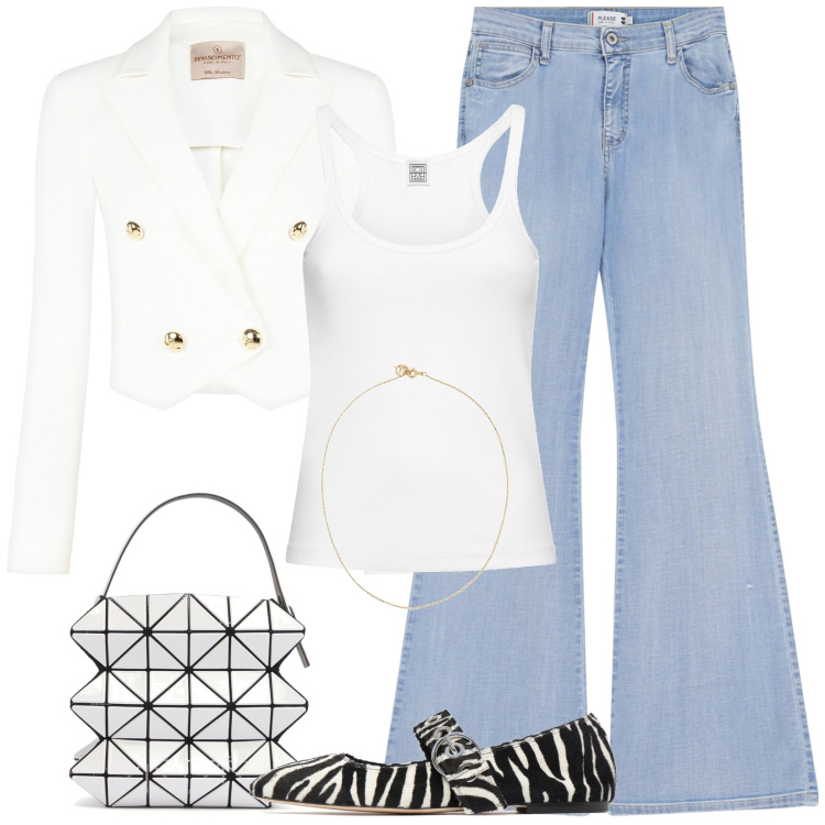 Outfit donna - Jeans a zampa. Stile Glamour per Tutti i giorni. Abbinamento con blazer, jeans a zampa, canottiere, collane, borse a mano, ballerine.