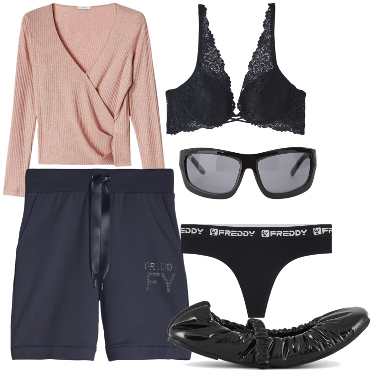 Outfit donna - Romantico cachecoeur. Stile Trendy per Tutti i giorni. Abbinamento con reggiseni, occhiali da sole, pantaloni corti, perizomi, ballerine, maglieria.