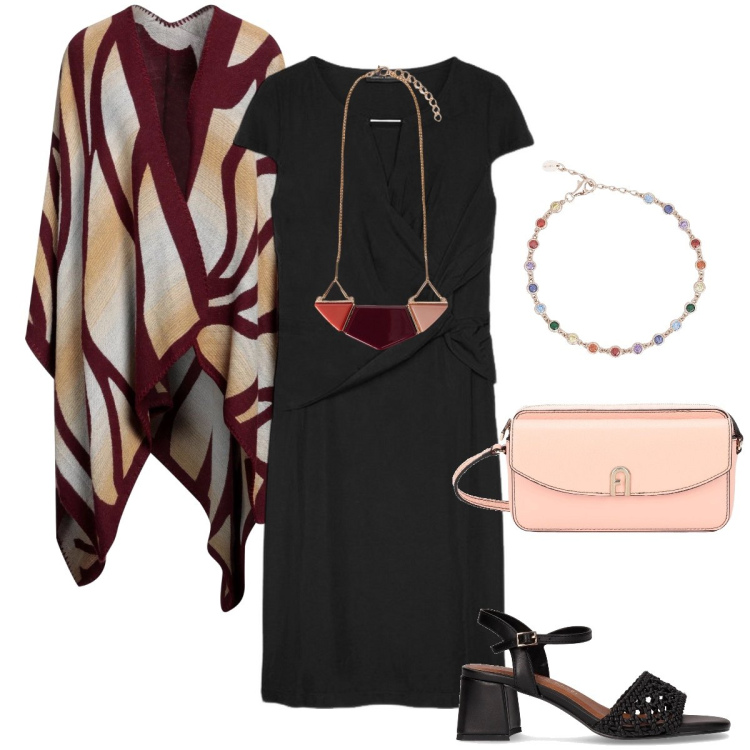 Outfit donna - Una fresca serata. Stile Bon Ton per Serata fuori. Abbinamento con cappe, borse a tracolla, braccialetti, vestiti midi/longuette, ciondoli, sandali col tacco.