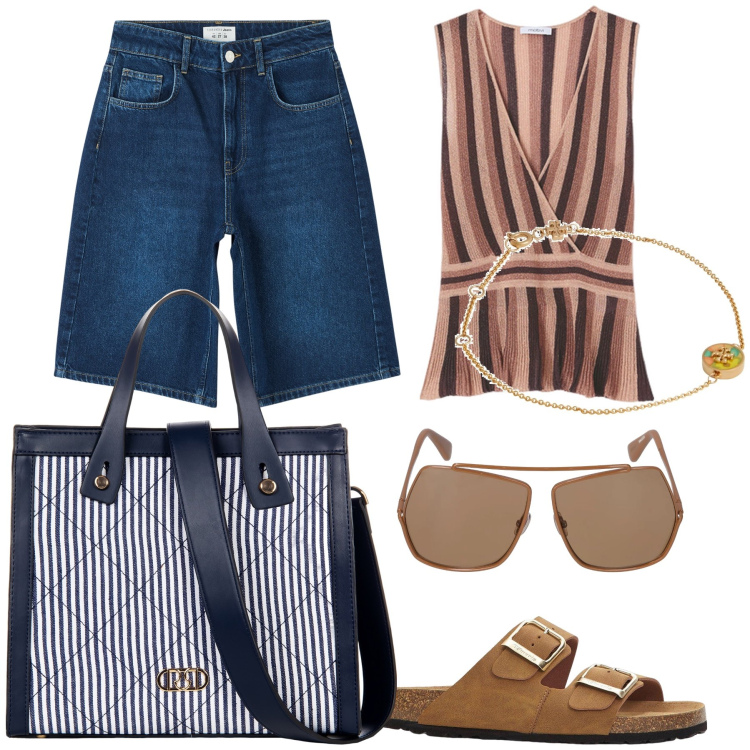 Outfit donna - A casa di amici. Stile Sporty chic per Tutti i giorni. Abbinamento con ciabatte, braccialetti, bermuda, shopping bag, occhiali da sole, top.