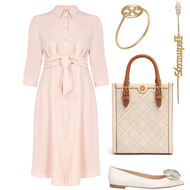 Outfit donna - Il vestito rosa. Stile Vintage retrò per Tutti i giorni. Abbinamento con ballerine, orecchini, anelli, vestiti lunghi, shopping bag.