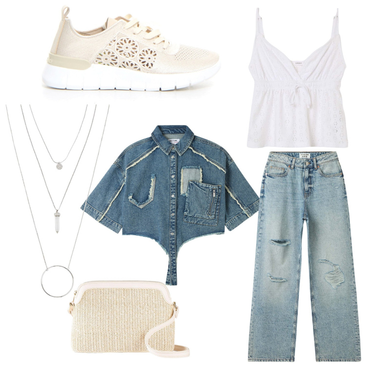 Outfit donna - Total look #2166975. Abbinamento con ciondoli, borse a tracolla, camicie a manica corta, canottiere, jeans strappati, sneakers.