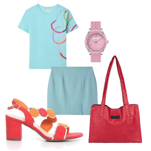 Outfit donna - il completo color cielo. Stile Trendy per Tutti i giorni. Abbinamento con minigonne, t-shirt, orologi, shopping bag, sandali col tacco.