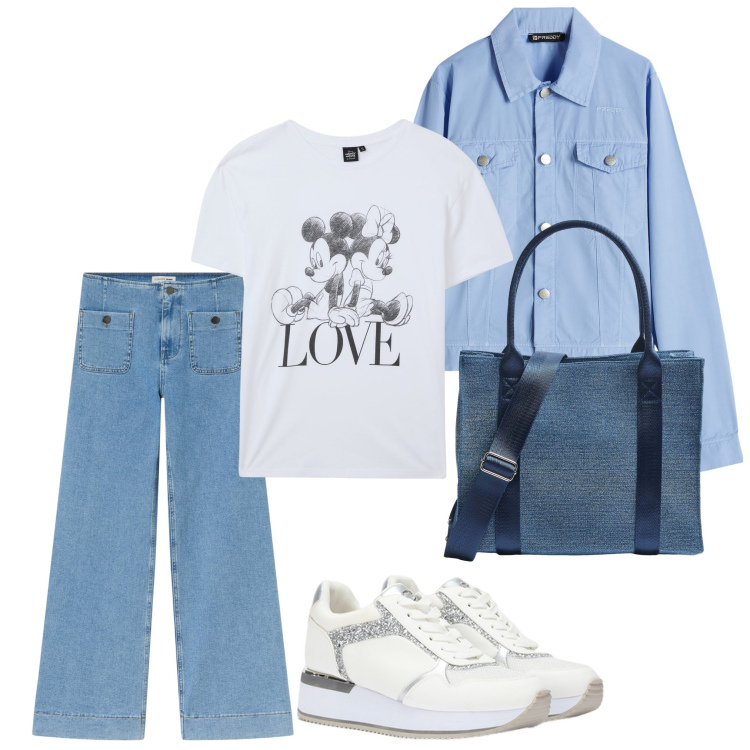 Outfit donna - Love t-shirt. Stile Casual chic per Tutti i giorni. Abbinamento con jeans, t-shirt, shopping bag, blazer, sneakers.