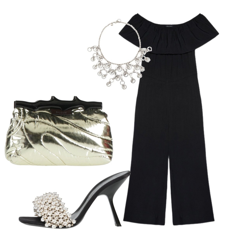 Outfit donna - Serata. Stile Glamour per Serata fuori. Abbinamento con collane, sandali gioiello, borse a mano, tute.