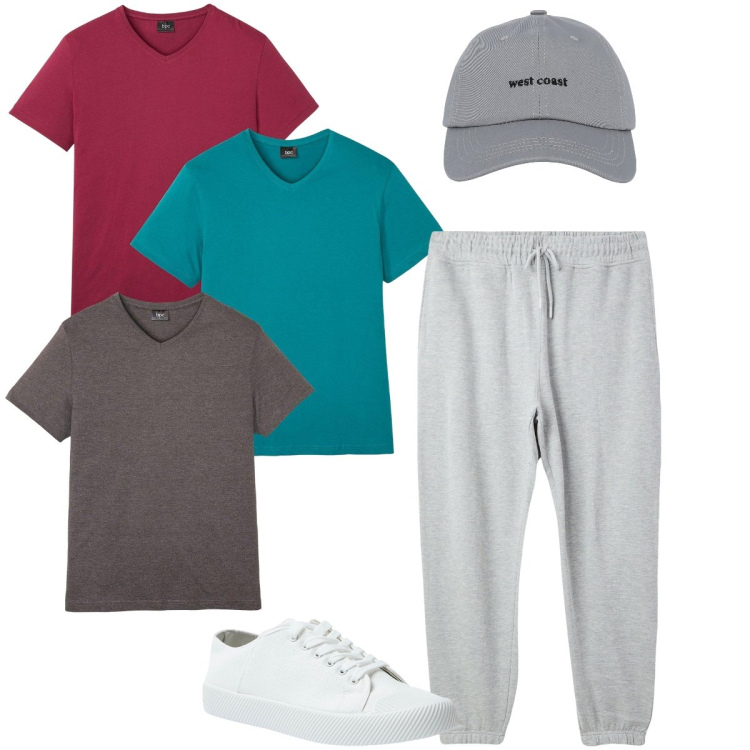Outfit uomo - Il jogger con coulisse. Stile Casual per Sport. Abbinamento con t-shirt, cappelli con visiera, pantaloni, sneakers.
