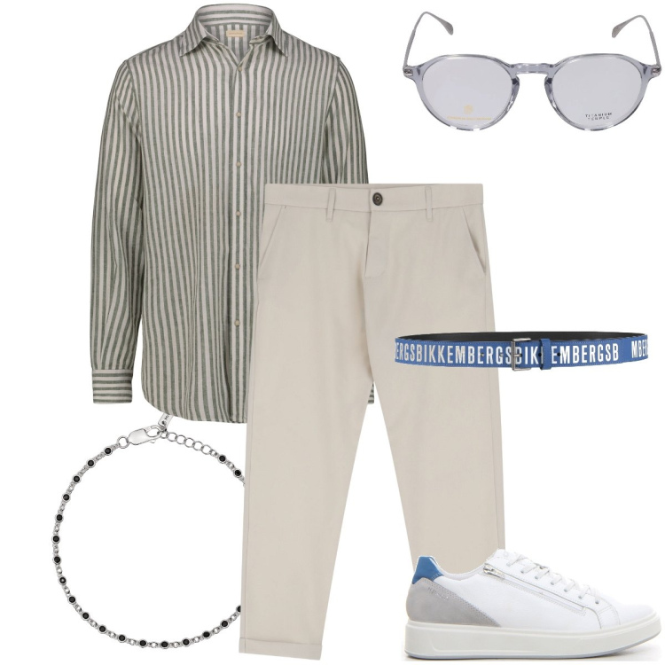 Outfit uomo - La camicia a righe. Stile Business/Elegante per Serata speciale. Abbinamento con cinture, braccialetti, pantaloni chino, occhiali da sole, camicie, sneakers.