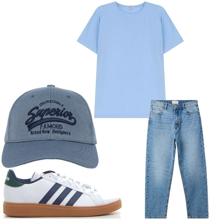 Outfit uomo - Celeste basic. Stile Casual per Tutti i giorni. Abbinamento con cappelli con visiera, jeans, t-shirt, sneakers.
