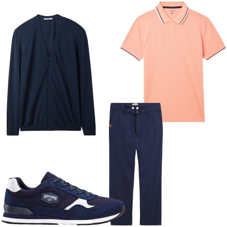 Outfit uomo - cardigan. Stile Casual per Ufficio. Abbinamento con sneakers, pantaloni chino, polo, cardigans.