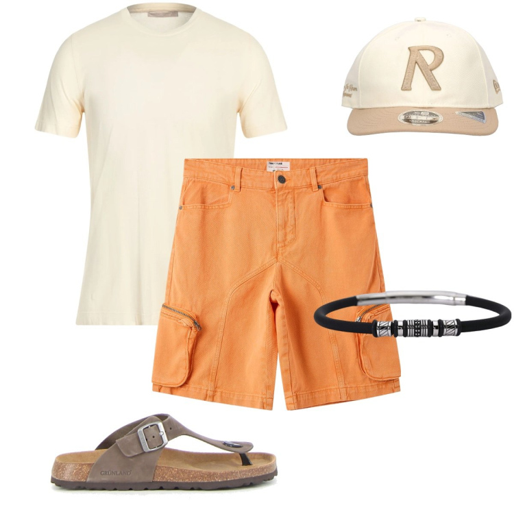Outfit uomo - Gli shorts arancioni. Stile Urban per Tutti i giorni. Abbinamento con t-shirt, pantaloni corti, braccialetti, sandali, cappelli.