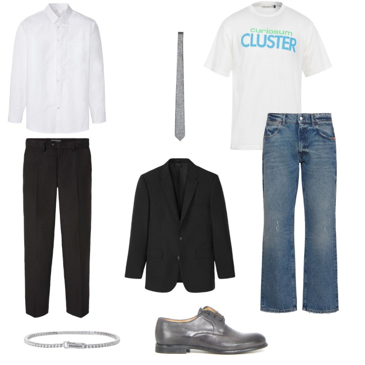 Outfit uomo - Prima e dopo. Stile Business/Elegante per Cerimonia. Abbinamento con giacche, t-shirt, braccialetti, jeans, scarpe stringate.