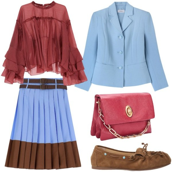 Outfit donna - Tavolozza di una tramonto. Stile Casual chic per Serata fuori. Abbinamento con gonne, mocassini, camicie, borse a tracolla, blazer.