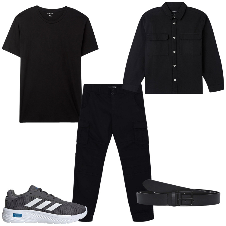 Outfit uomo - Basic black. Stile Urban per Tutti i giorni. Abbinamento con cappotti, t-shirt, pantaloni cargo, cinture, sneakers.