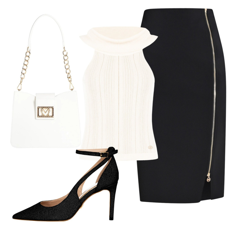 Outfit donna - Di sera a cena. Stile Chic per Serata fuori. Abbinamento con borse a spalla, top, gonne, décolleté.