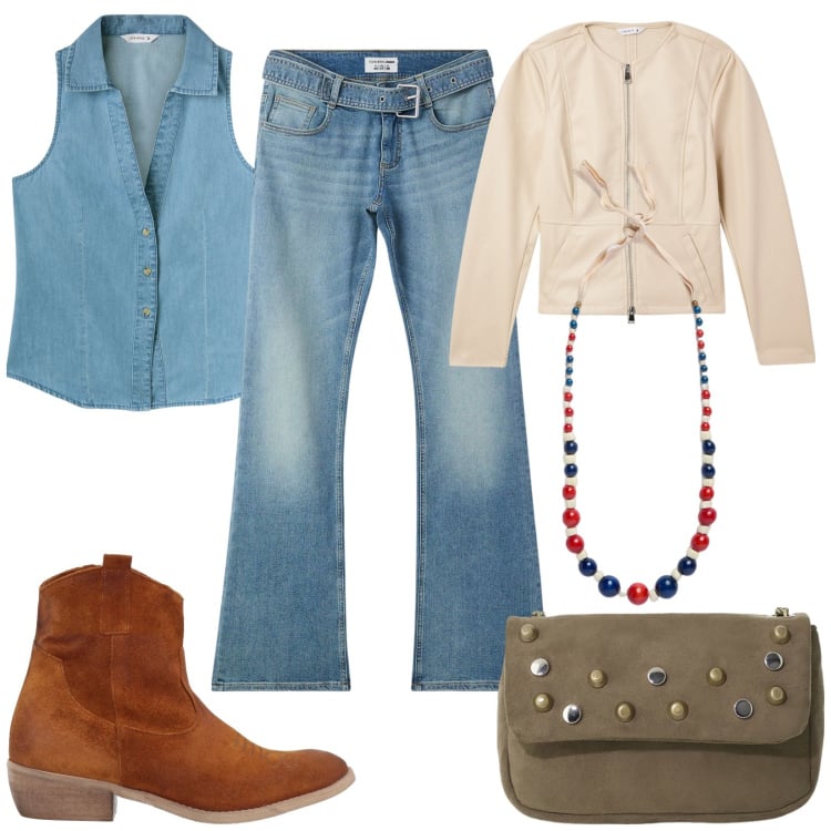 Outfit donna - Denim soft. Stile Boho per Tutti i giorni. Abbinamento con stivaletti texani, jeans a zampa, blazer, camicie, borse a tracolla, collane.