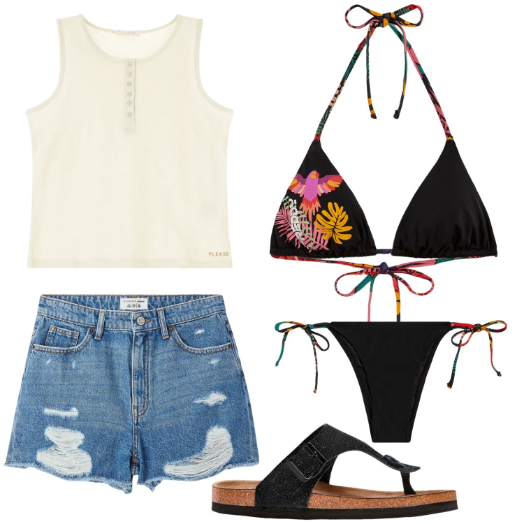 Outfit donna - Voglia di mare. Stile Basic per Mare. Abbinamento con infradito, shorts, canottiere, bikini, bikini.