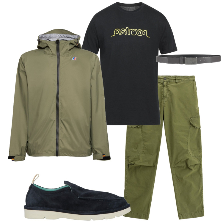 Outfit uomo - Maggio piovoso. Stile Casual per Tutti i giorni. Abbinamento con cinture, scarpe stringate, t-shirt, pantaloni cargo, giacche.