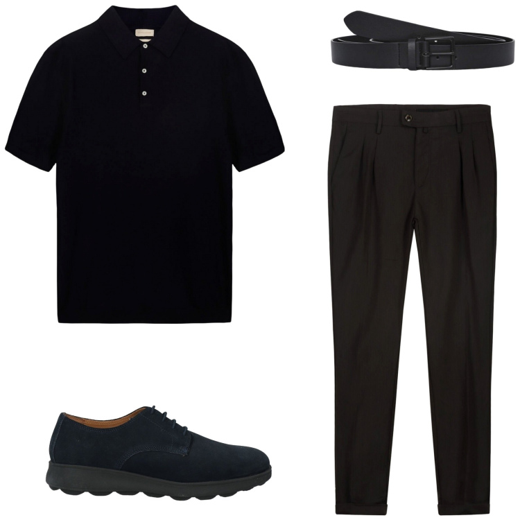 Outfit uomo - Total black. Stile Casual per Tutti i giorni. Abbinamento con scarpe stringate, cinture, polo, pantaloni.