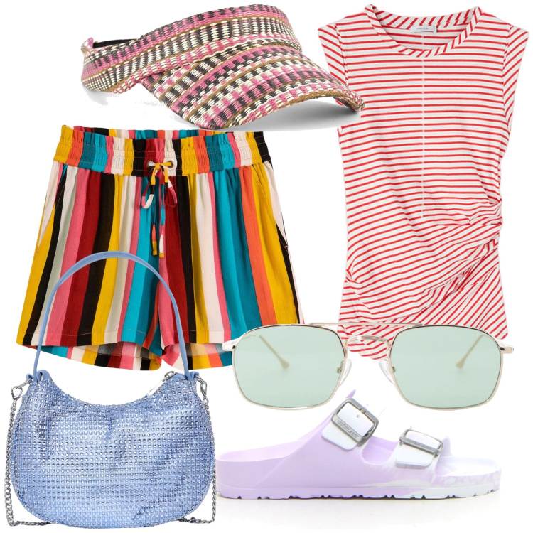 Outfit donna - Rainbow stripes. Stile Trendy per Tutti i giorni. Abbinamento con pantaloni corti, borse a spalla, occhiali da sole, cappelli con visiera, top, ciabatte.