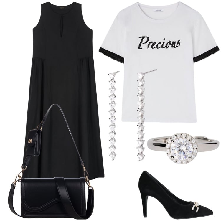 Outfit donna - Appuntamento precious. Stile Bon Ton per Serata fuori. Abbinamento con décolleté, anelli, orecchini, pochette, vestiti lunghi, t-shirt.