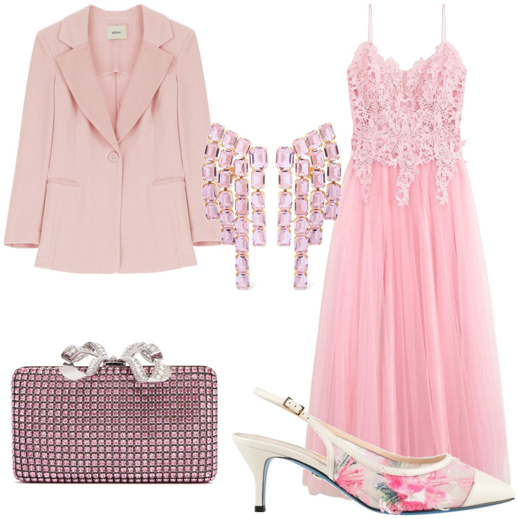 Outfit donna - Monocolore per la principessa. Stile Chic per Cerimonia. Abbinamento con vestiti lunghi, décolleté, blazer, orecchini, pochette.