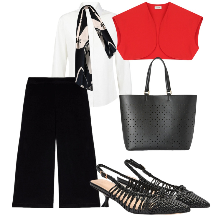 Outfit donna - A lavoro. per Ufficio. Abbinamento con sciarpe, gilet, pantaloni, décolleté, camicie, shopping bag.