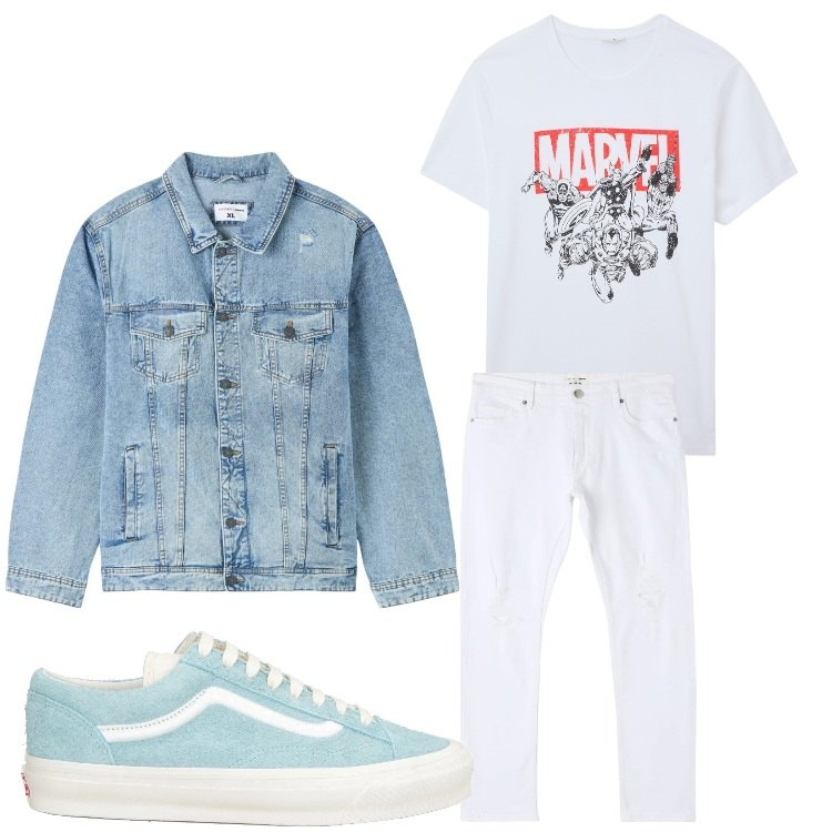 Outfit uomo - Jeans bianco. Stile Casual per Tutti i giorni. Abbinamento con sneakers, jeans strappati, giacche, t-shirt.