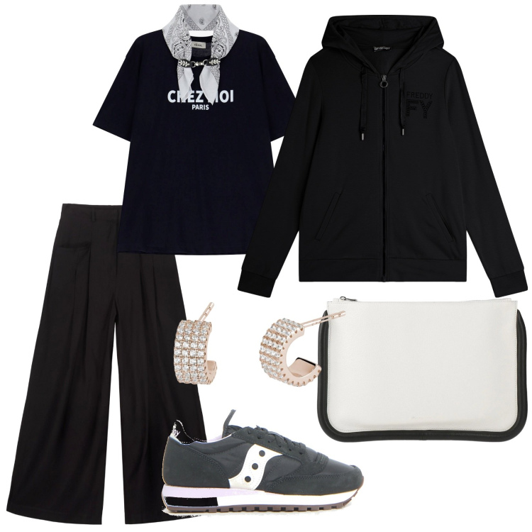 Outfit donna - Sportiva. per Tutti i giorni. Abbinamento con borse a mano, orecchini, felpe con cappuccio, t-shirt, pantaloni, sneakers.