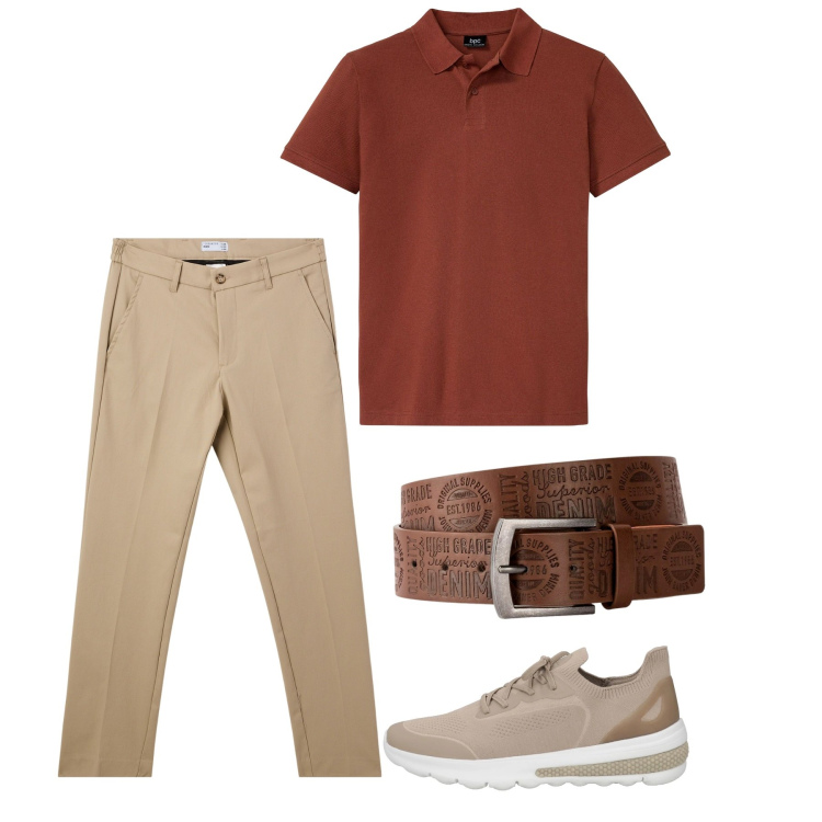 Outfit uomo - Brown. Stile Casual per Tutti i giorni. Abbinamento con polo, cinture, sneakers, pantaloni chino.